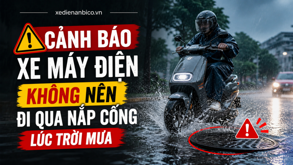 Cảnh báo xe máy điện không nên đi qua nắp cống lúc trời mưa